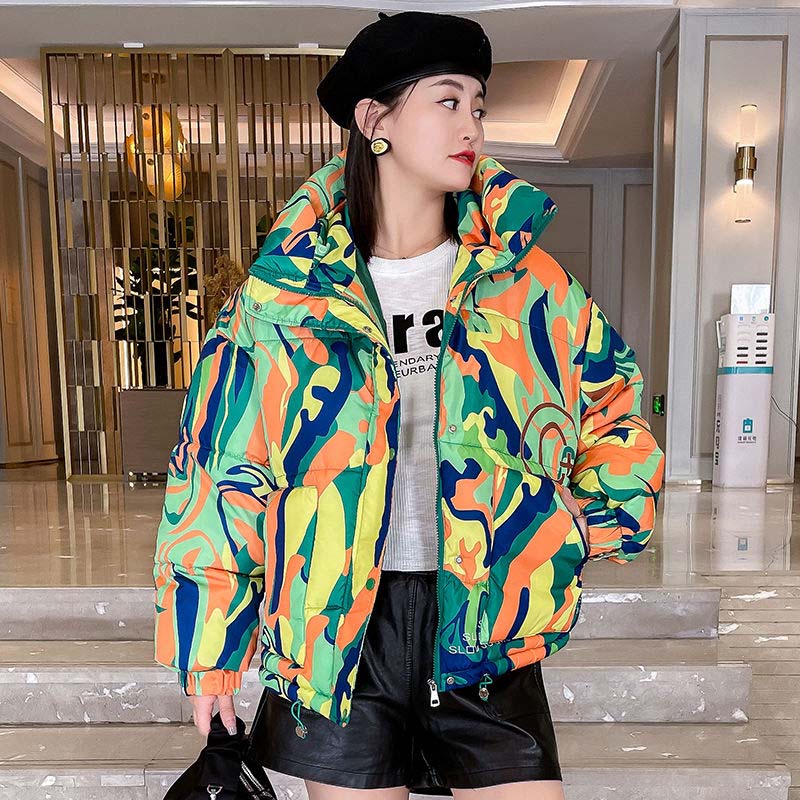 Зимняя женская куртка-пуховик с принтом граффити, модная толстая короткая парка с капюшоном, шикарная свободная уличная верхняя одежда