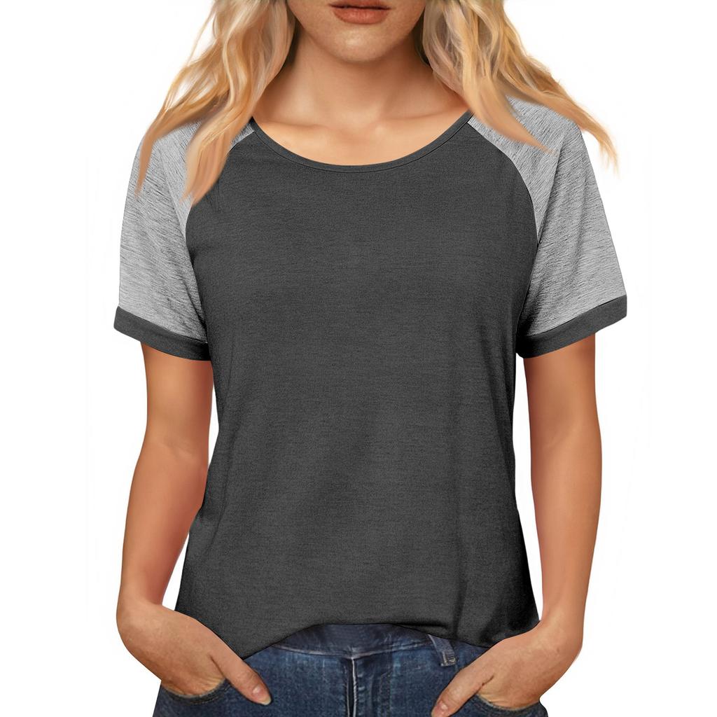 Women's Casual Loose Contrast Color Stitching Round Neck Short Sleeve Top