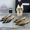 Fashion Metal Buckles Decoration Leather Slippers Women Sexy Pointed Toe Low Heel Slide Sandals Summer Elegant Banquet Dress Muels Shoes