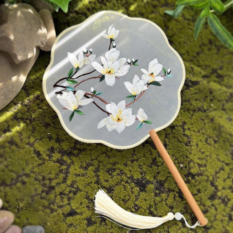 Embroidery Round Fan Classical Long Handle Group Fan Dance Fans Photography Props Home Decor