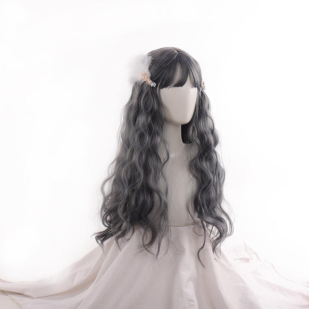 Хэллоуин Косплей Парик Длинные Природные Волны Корень Черный Омбре Серый Серебристый Синтетические Парики с Челкой для Женщин Парики Парики
