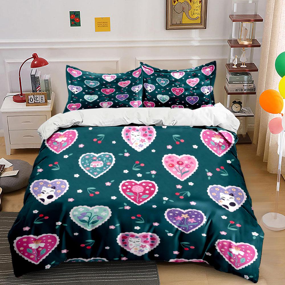 Romantic Heart Floral Decor Set Soft Skin-Friendly Bedding Set Includes 1 Duvet Cover And 2 Pillowcase, Gift