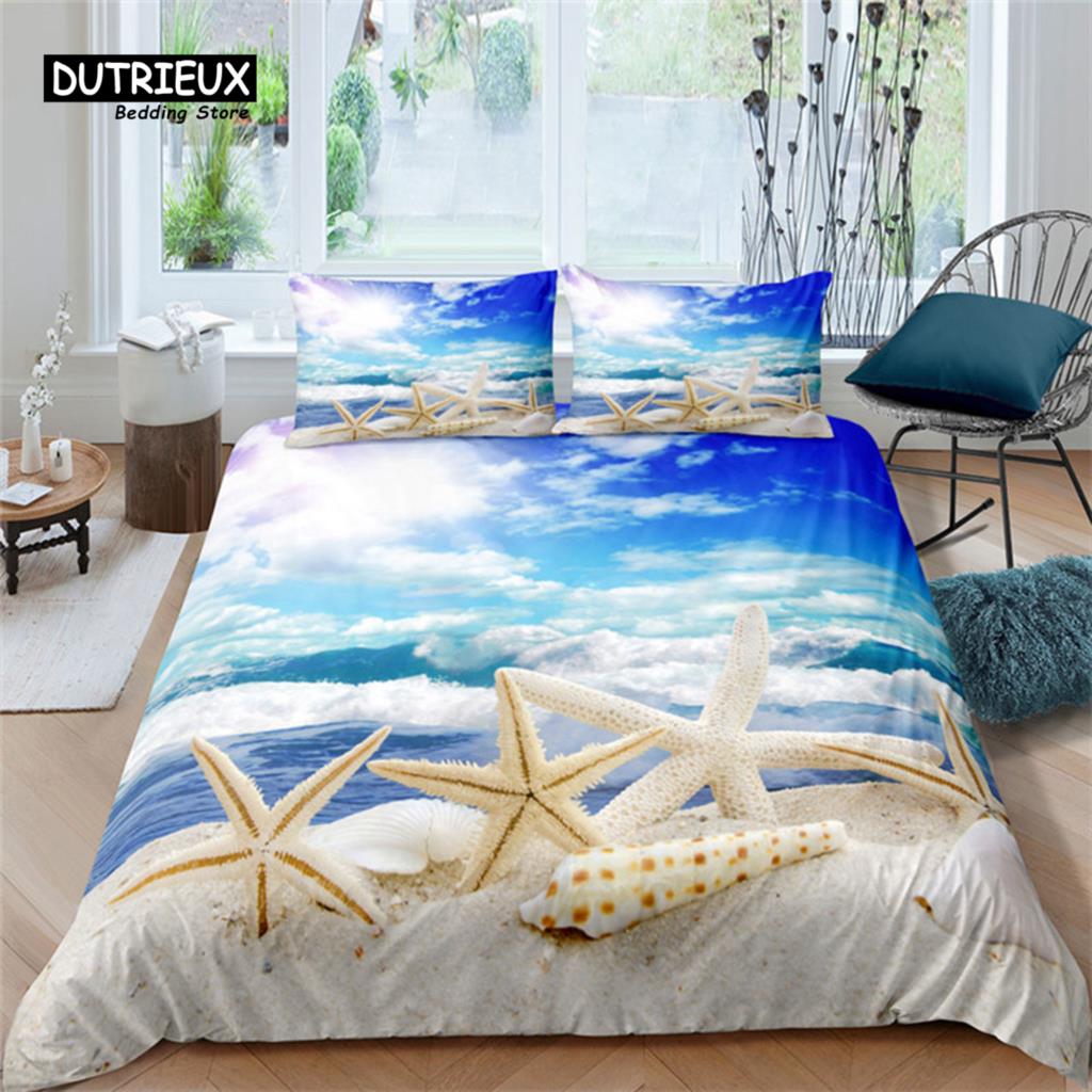 Постельное белье с морской звездой, ракушками и песком из микрофибры, пододеяльник с красочным принтом различных морских ракушек, декор для спальни