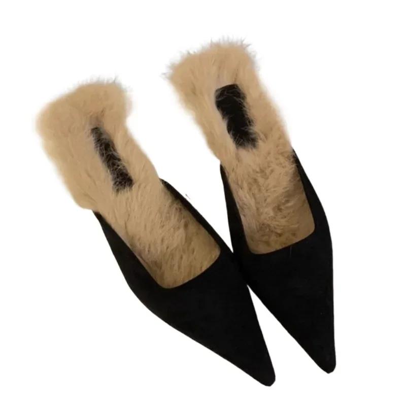 Меховые леопардовые женские тапочки с острым носком, сексуальные замшевые толстые туфли-мюли, женская зимняя трендовая обувь 2025 года, элегантное платье Zapatillas De Mujer