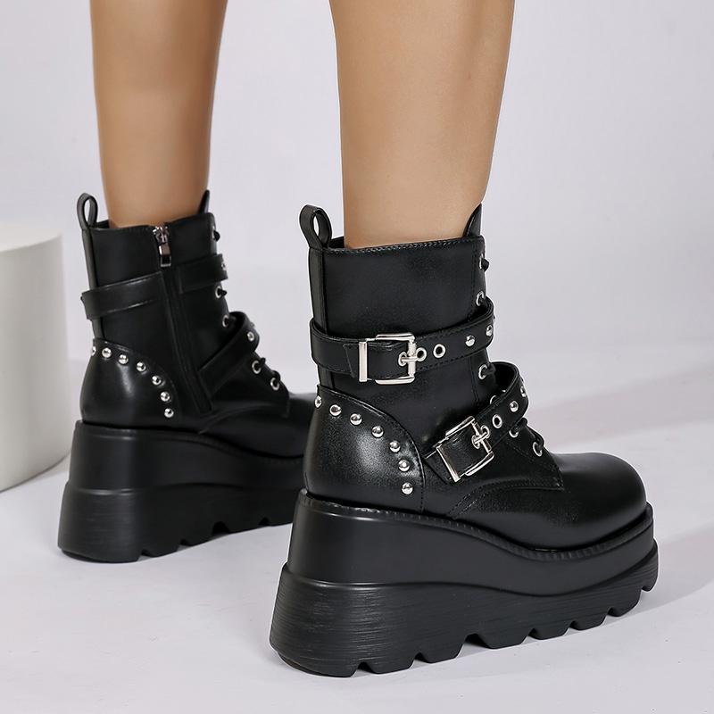 Fashion Women's Gothic Chunky Platform Ankle Boots Thick Bottom Wedges PU Leather Combat Shoes Woman Rivet Buckle Decor Black Punk Boots