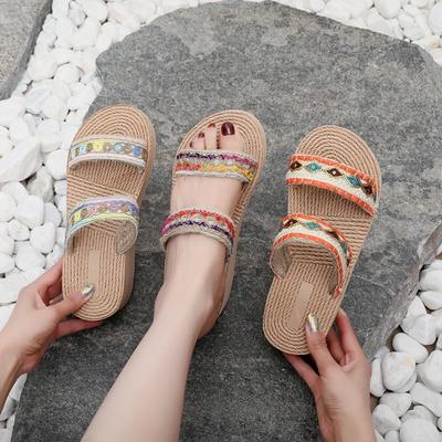 Ретро Летние Модные и Удобные Шлепанцы на танкетке для Женщин Толстоподошвенные Шлепанцы Этнический Стиль Повседневная Пляжная Обувь