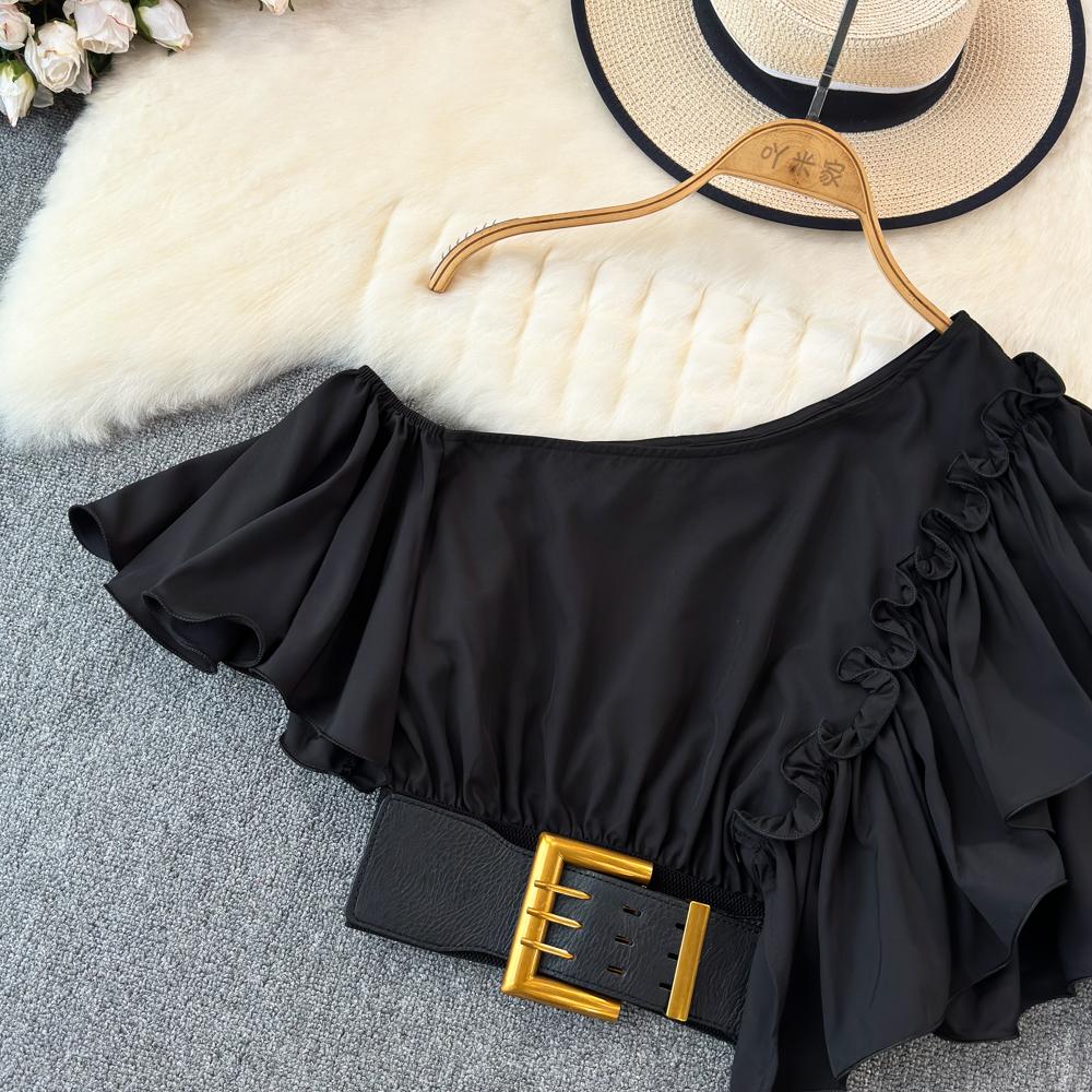 Шикарная блузка Blusas De Mujer с косым воротником и воланами, нерегулярная блузка Ins для женщин, однотонная, со складками на поясе, Camisas, летняя дропшиппинг