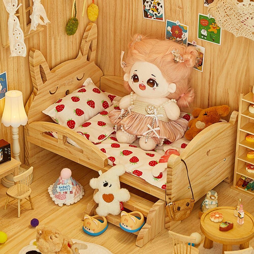 With Stairs Wooden Mini Bed Pig Rabbit Dollhouse Toy Bed Doll Miniature Bed  Photo Props