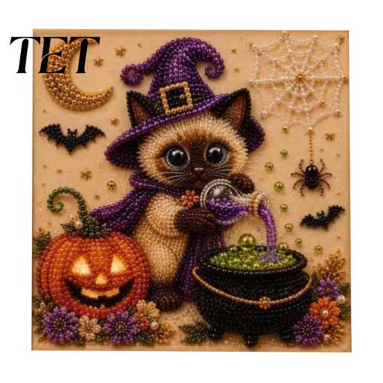 Family Fun Handcrafts Halloween Cat Faux Pearl Painting Art Kit, Spooky 3D Beads Creative Gift Crafts, Cute Witch Gem Wall for Adults, Craft