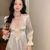 French Style Women Long-sleeved Nightgown Long Pullover Summer Lace Pajamas Autumn V-neck Thin Flounce Sleepshirts