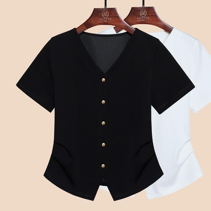 Летняя новая футболка с V-образным вырезом, неровным подолом и разрезами, нишевая, универсальная, белая, с короткими рукавами, женская