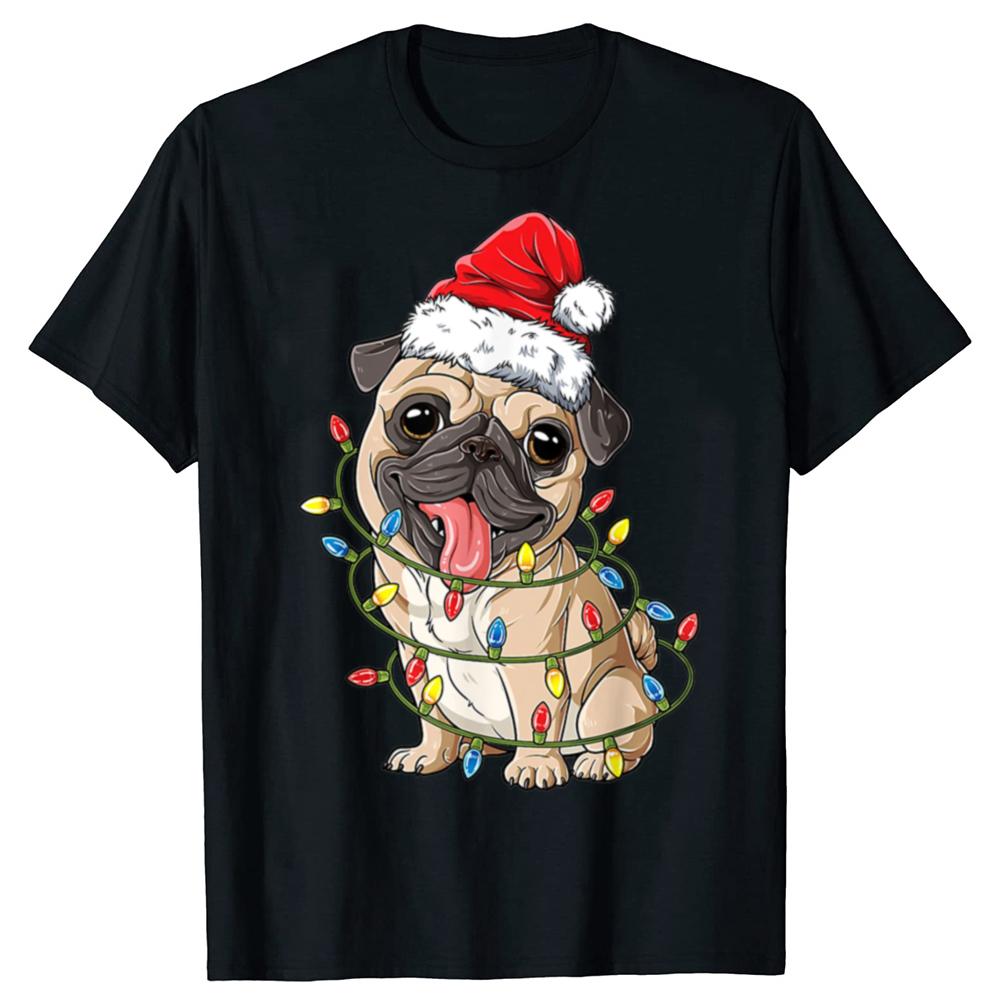 Christmas Pug With Christmas Lights Santa Hat Xmas Pug Dog T Shirt Mens Cotton Oversized Printing T Shirts Harajuku Tshirt