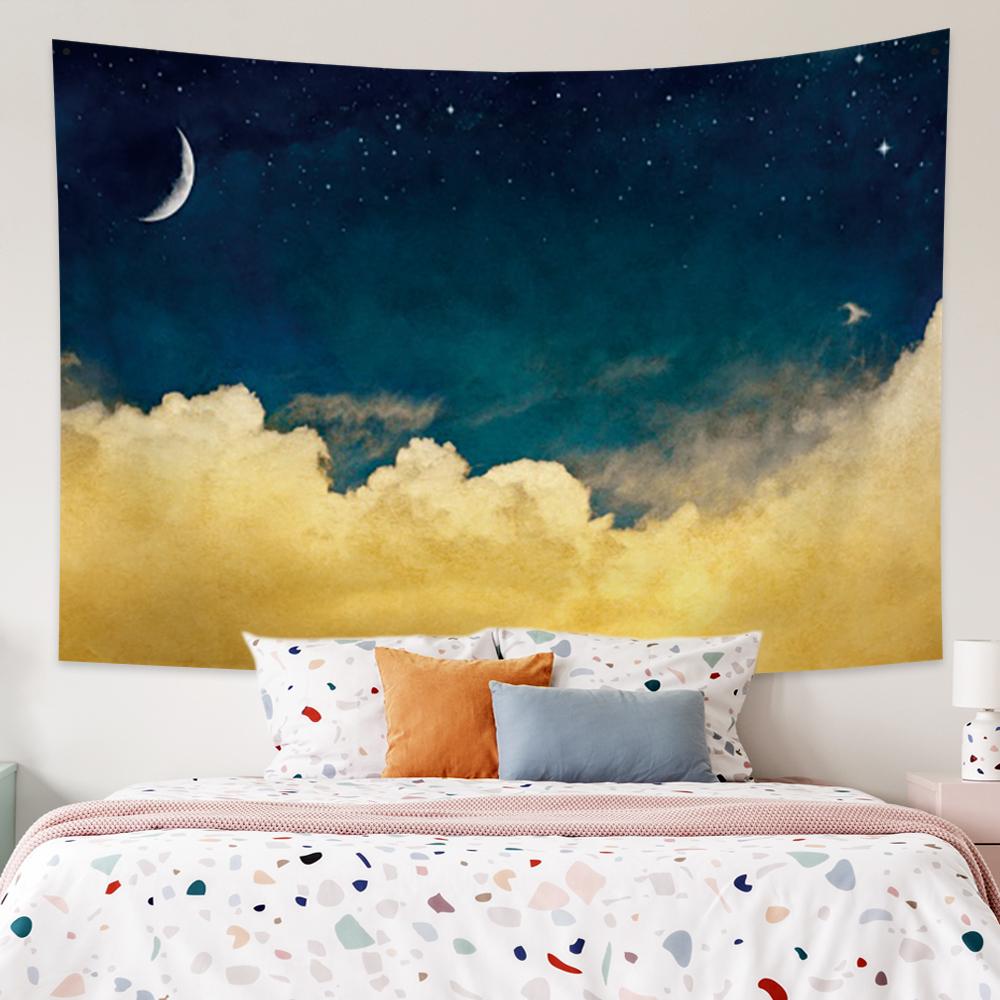 Яркий настенный гобелен с полной луной и звездами, мечтательный ночной вид, гобелен, абстрактный домашний декор, гобелен для спальни, гостиной, общежития