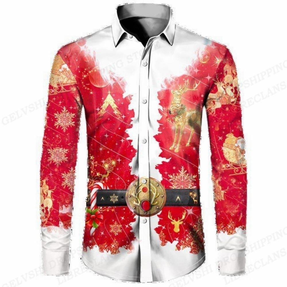 Men Long Sleeve Shirt X‑mas Tree Firework Night‑snow Scene Print Turn‑down Collar Button‑up Casual Holiday Party Top