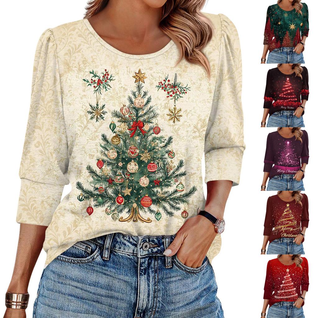 Женская мода Повседневная рубашка с принтом 'Рождество' 3/4 цвета Женские топы с круглым вырезом