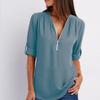 Shirt V-neck Zipper Plus Size Women's Long Sleeved Loose Chiffon Shirt with Adjustable Sleeves