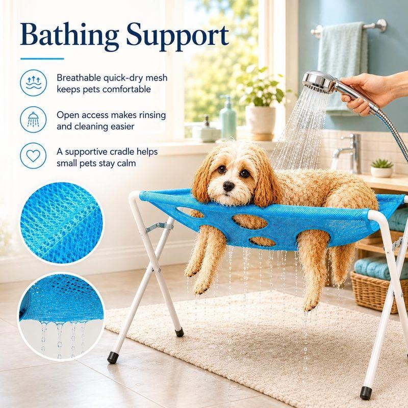 Pet Dog Bath Hammock Foldable Pet Cat Shower Grooming Table Hammoc Stand Mesh Bath Support for Nail Trimming, Bathing, Grooming