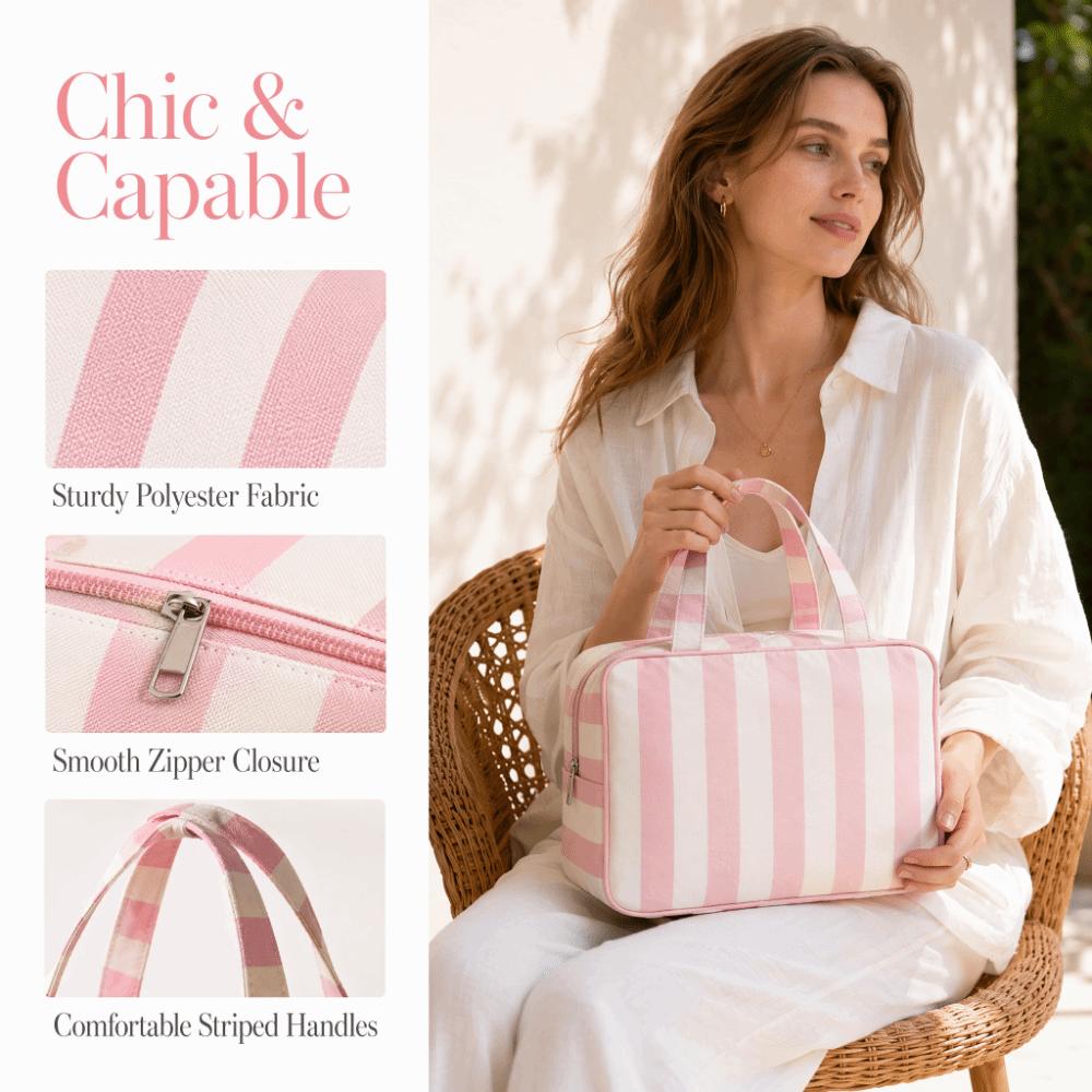 Large Capacity Striped Toiletry Storage Bag Multi Compartment Cosmetic Pouch Weekend Getaway