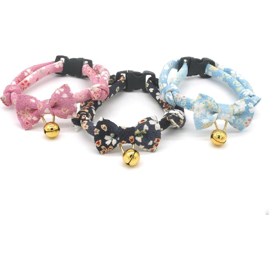 PetSoKoo Bowtie Cat Collar with Bell.Cute Japanese Cherry Blossom Flower.Girl Kitten,Pink