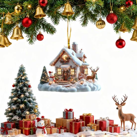 Украшение Домик в Снежной Деревне, Подвесное украшение Деревенская бревенчатая хижина, 2D акриловый коттедж со снежной сценой для декора зимней сказки и рождественской елки