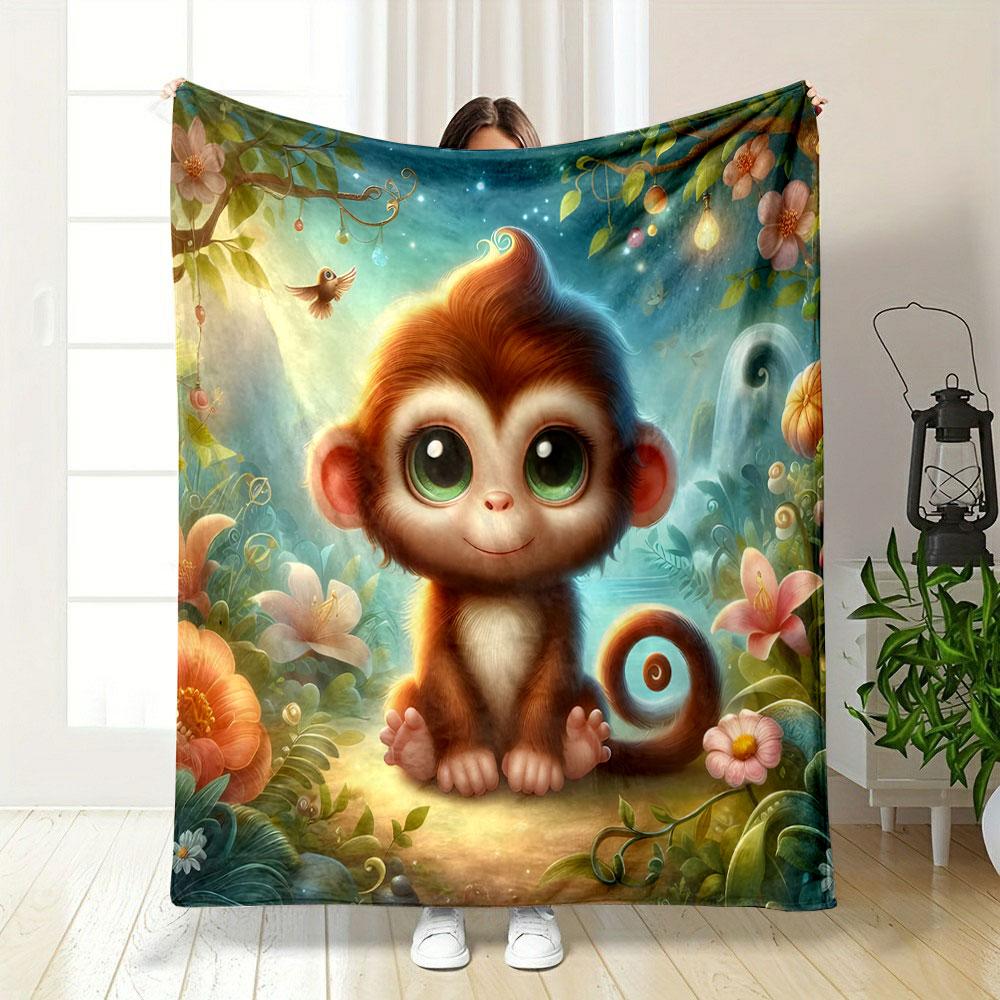 Adorable Monkey in Magical Forest Scene Patterned blanket, flannel, suitable for all seasons, home decor, warm and cozy