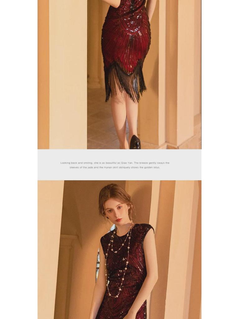 Sequined Gatsby Tassel Evening Dress: Retro Ball Gown for Banquets and Dance