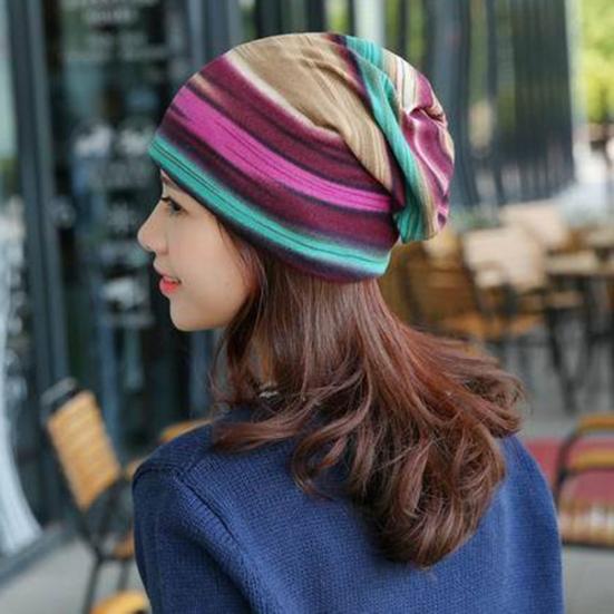 Women Stretchy Striped Turban Head Wrap Band Chemo Hat Bandana Pleated Cap