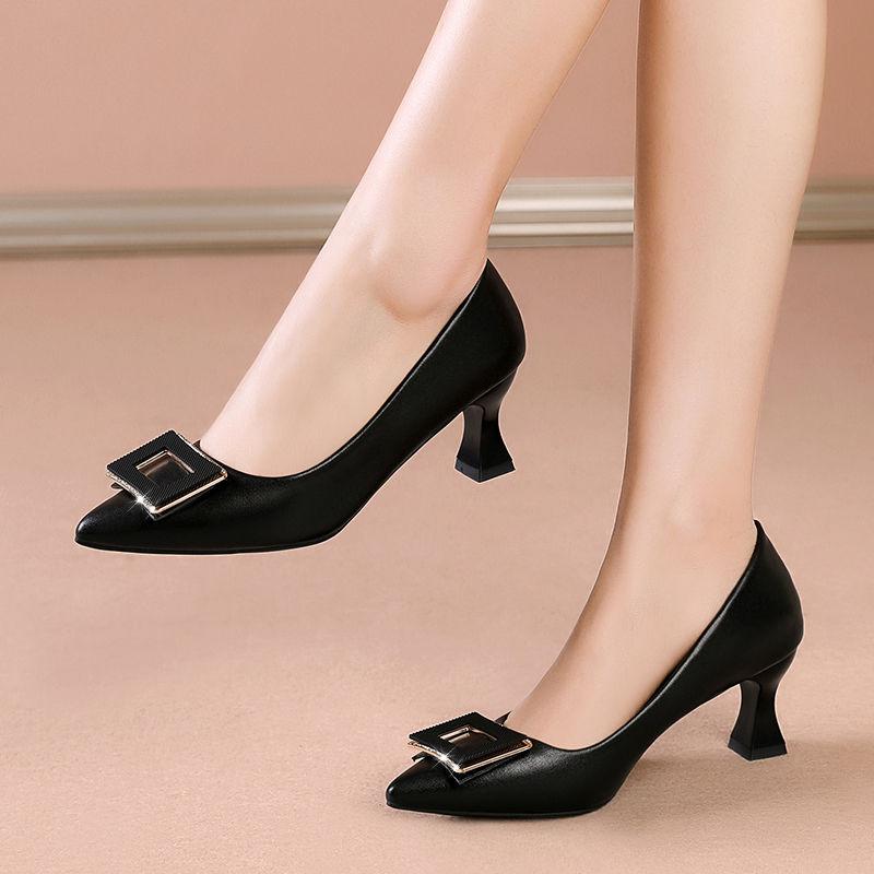 Туфли на высоком каблуке женские толстые каблуки весенние кожаные туфли удобные одинарные туфли рабочая обувь