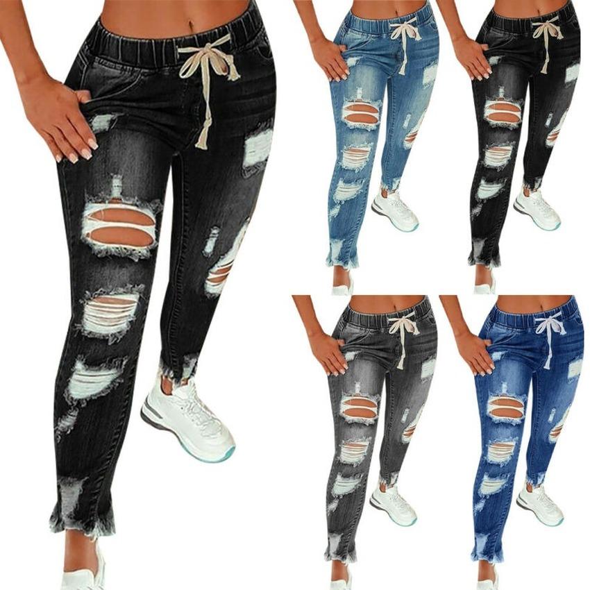 Женские джинсы с эластичной резинкой на талии и рваными тонкими женскими джинсовыми повседневными брюками