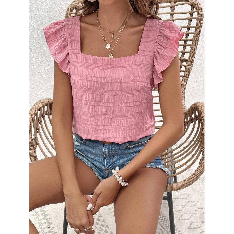 Женская футболка Летняя Повседневная с коротким рукавом Весенне-летняя Новинка Квадратный вырез Рубашка с рюшами Топ