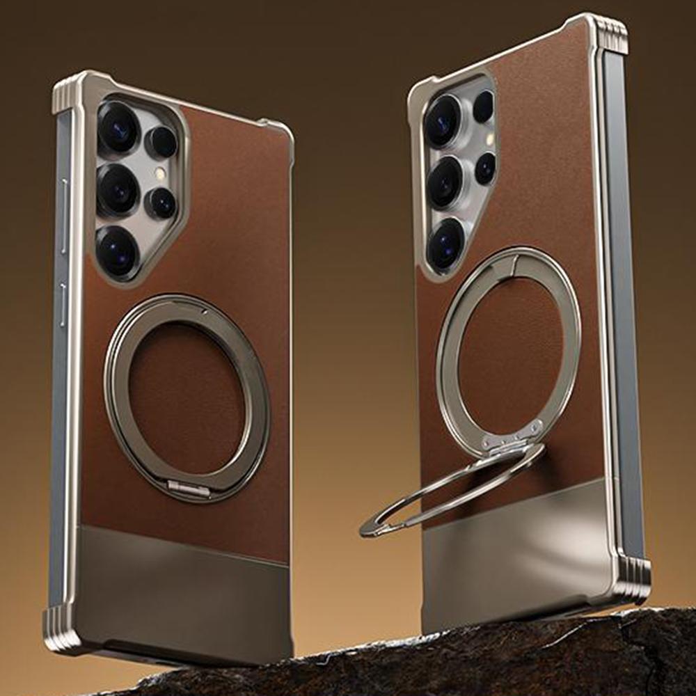 For Samsung Galaxy S24 Ultra Magnetic Case with Kickstand Borderless PU+Metal Drop Proof Phone Back Cover