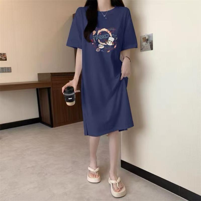 Женское летнее платье-футболка с короткими рукавами, свободное пижамное платье средней длины с разрезом
