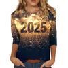 Женская мода повседневная новогодняя принтованная круглая горловина с рукавом три четверти топ Новый год 2025
