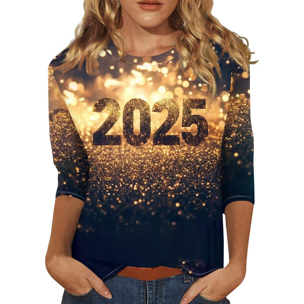 Женская мода повседневная новогодняя принтованная круглая горловина с рукавом три четверти топ Новый год 2025