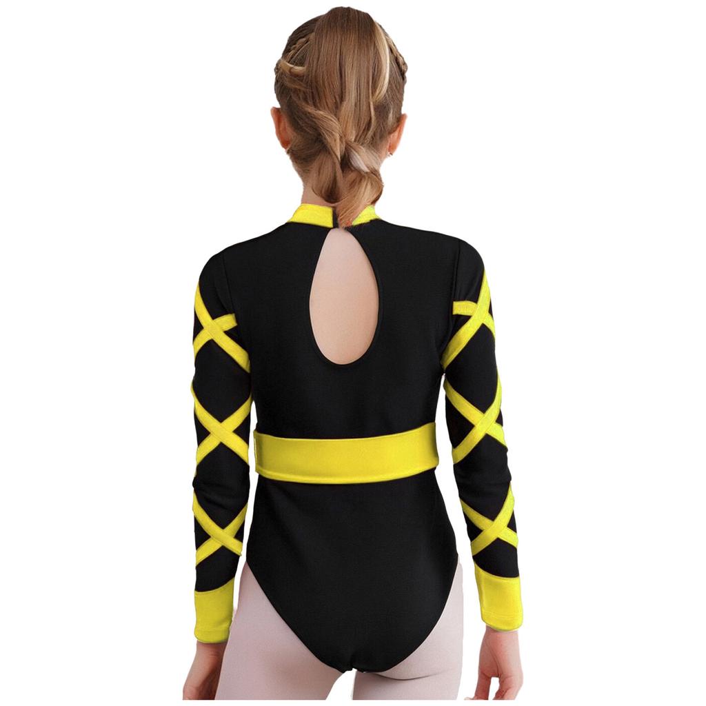 Девочки Китайский Стиль Гимнастический Купальник Узел Пуговица Воротник Мандарин Длинный Рукав Стразы Цветной Блок Поясной Боди