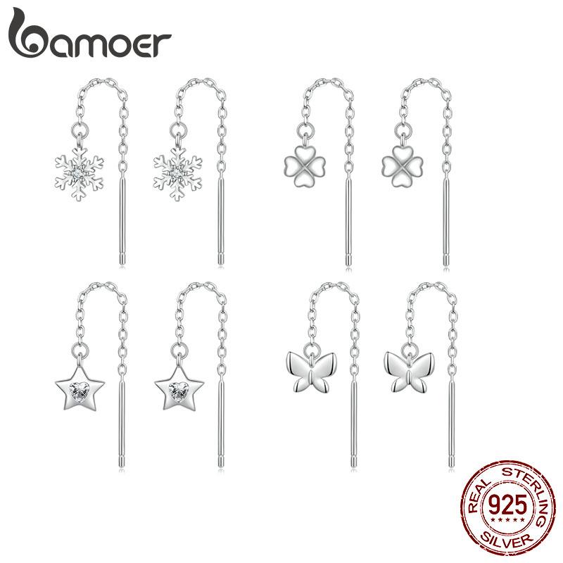 BAMOER 925 стерлингового серебра снежинка капли висячие серьги для женщин подростков элегантные длинные висячие серьги кисточка продеватель