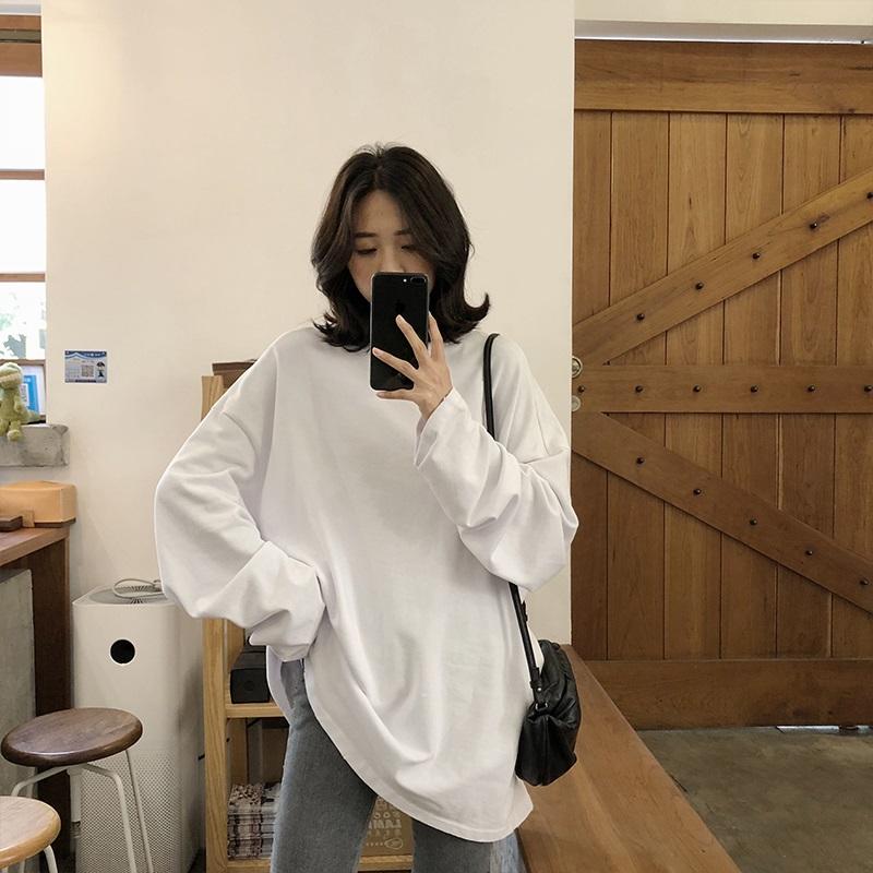 Spring Autumn Solid Simple Oversized T-shirts Harajuku Long Shirts Women Kawaii White Yellow Long Sleeve Tops