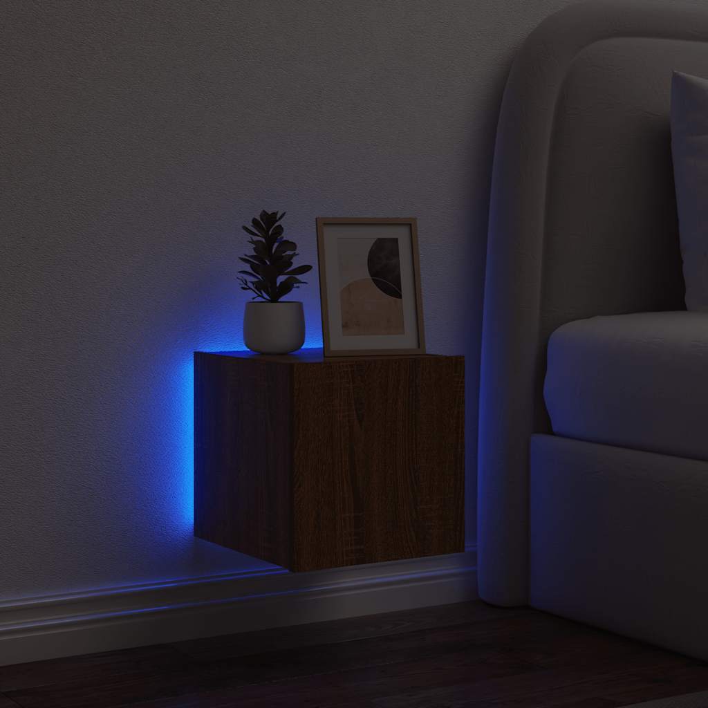 Wall Mounted TV Cabinet with LED Lights Brown Oak Effect 30.5 x 35 x 30 cm