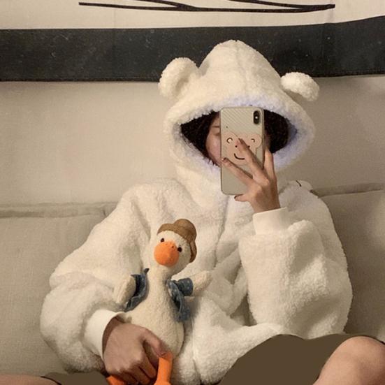 Медвежьи уши Декор с капюшоном и длинными рукавами, карманами на молнии, флисовая куртка, женское зимнее теплое пальто из искусственной овечьей шерсти