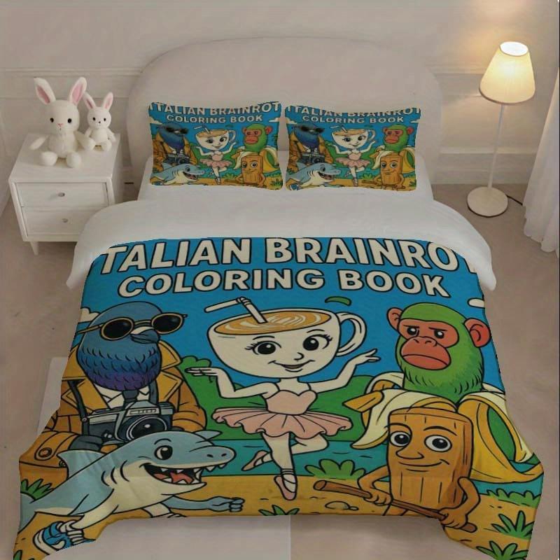 3 шт. Итальянский набор пододеяльников 'Brainrot' - Цифровая печать, Дизайн на молнии, Машинная стирка, 3 шт., Уютная спальня, Художественный принт