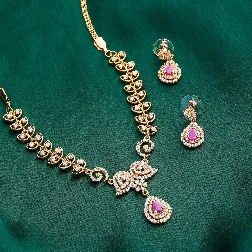 Estele Paisley Crush Gold Plated Necklace with American Diamond and Ruby Cz