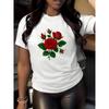 Женская футболка европейского размера с ярким принтом красной розы и зеленого листа - Мягкая эластичная ткань, непрозрачная, комфорт на все сезоны