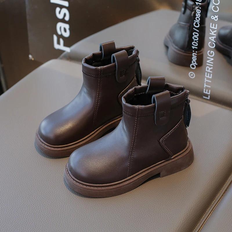 Детские ботинки весна-осень, простые, с круглым носком, для девочек, школьные, ботильоны, модные, нескользящие, детские, повседневные, кожаные ботинки, размер 26-36