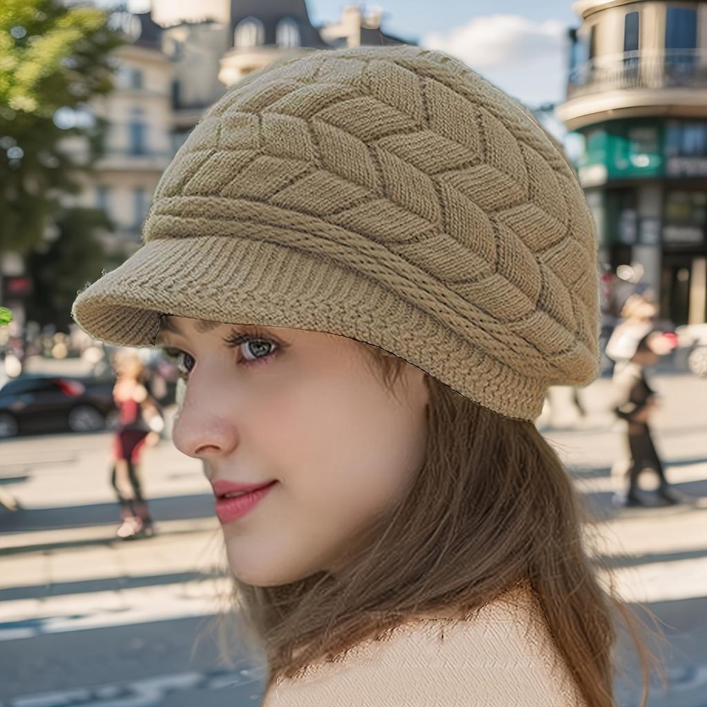 Retro women's winter warm knitted cap, cold weather running, camping, walking fashionable skiing cap with sun hat