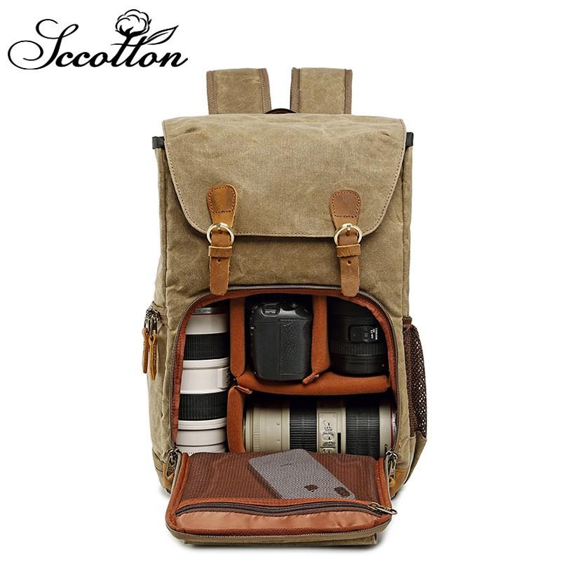 Waterproof Durable Canvas DSLR Camera Backpack Men Women Retro Style Shoulder Bag With Lens Compartment