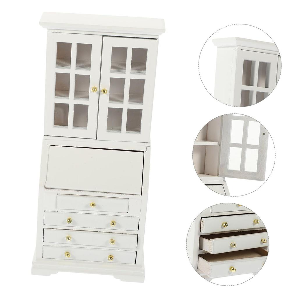 1/12 Miniature Bookshelf Wood Cabinet Dollhouse Furniture With Functional Storage Drawer For Small Books Scene Decors