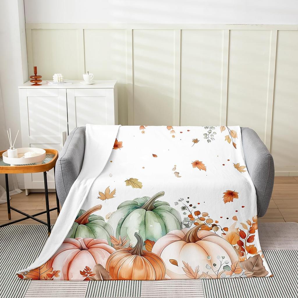GUOYU Blanket Fall Pumpkin Harvest Fleece Flannel BlanketRustic Maple Autumn Leaves Bed Plush Blanket for Rustic Home DecorHarvest Patchwork