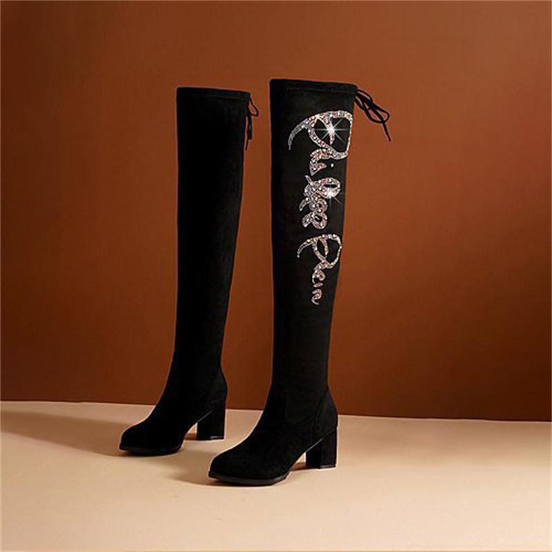 Большие повседневные сапоги до колена, осенне-зимние, на шнуровке, со стразами, на толстом каблуке, бархатные, эластичные, длинные сапоги 35-40