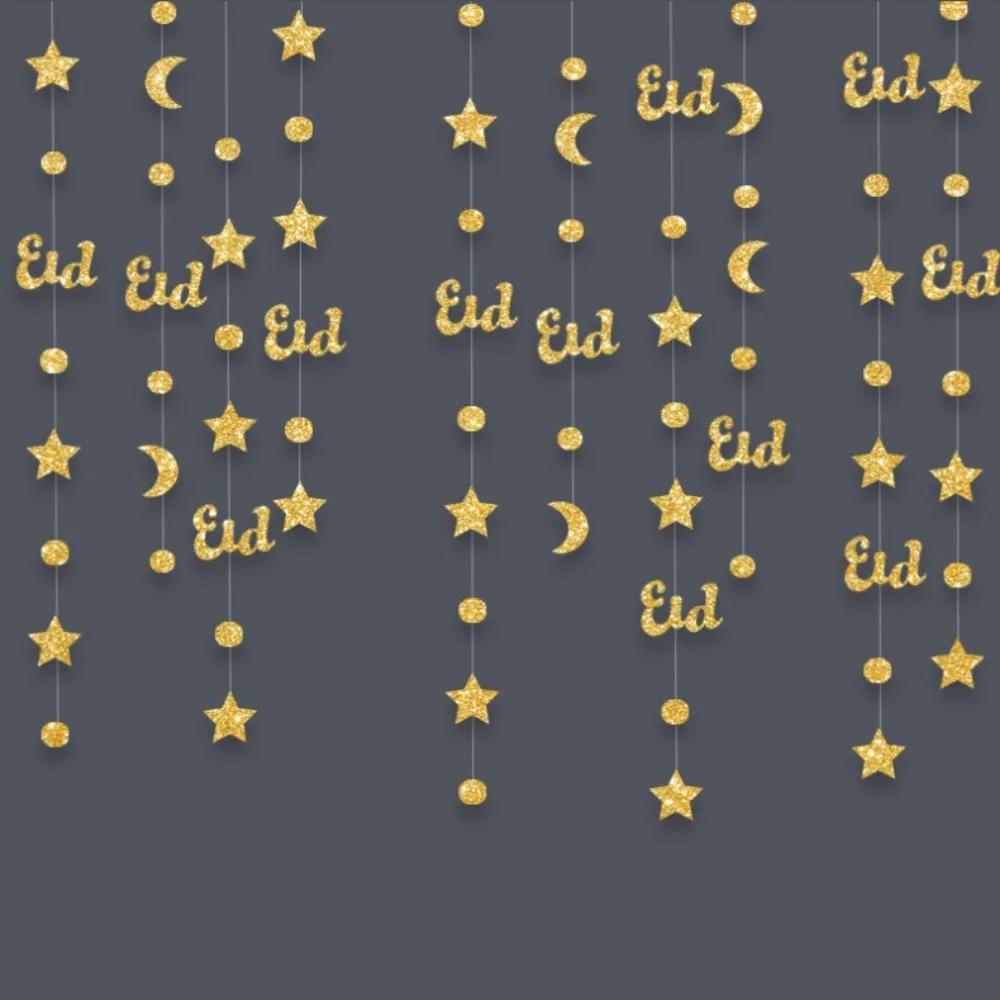 Gold Silver Eid Mubarak Banners Glitter Paper DIY Paper Star Moon Lantern Ceiling Hanging Pull Flag Hang Garland