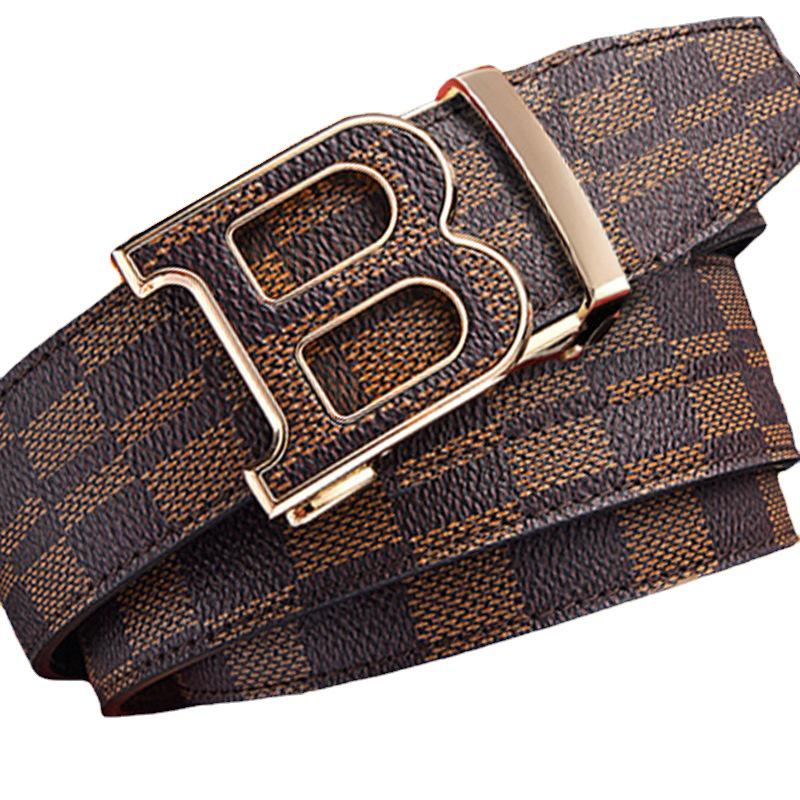 Men's Versatile Genuine Leather Belt with Automatic Plaid Buckle for Business and Casual Wear